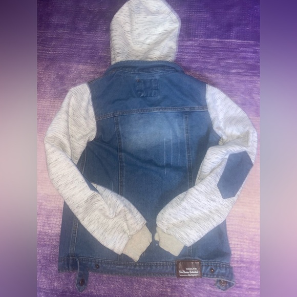 Kids/Youth Mixed Media Hooded Jean Jacket, Denim Size M - Picture 5 of 14